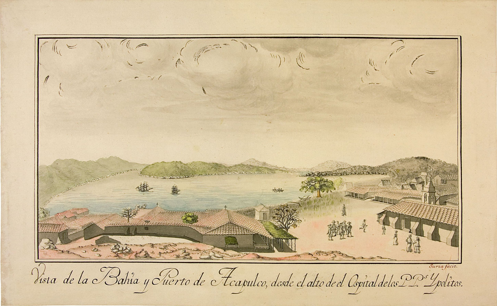 A bay with three ships is surrounded by hills, buildings, and a plaza several people is depicted in soft greens, blues, and pinks.