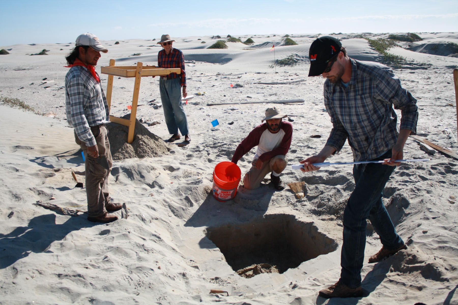 Four people surround a square hole dug out of a stretch of sandy dunes.