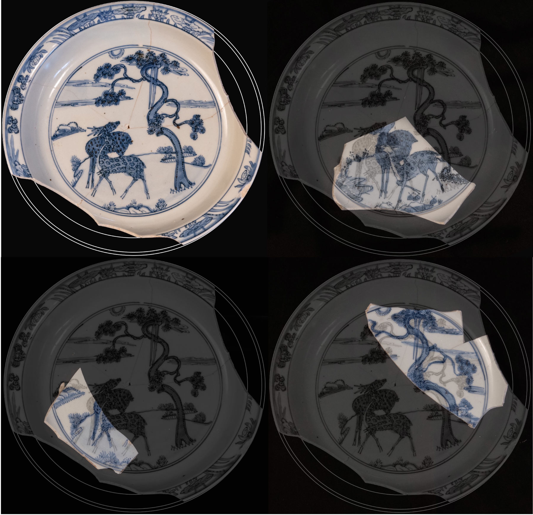 Four blue-and-white plate shards are overlaid onto grayed-out full-size plates.
