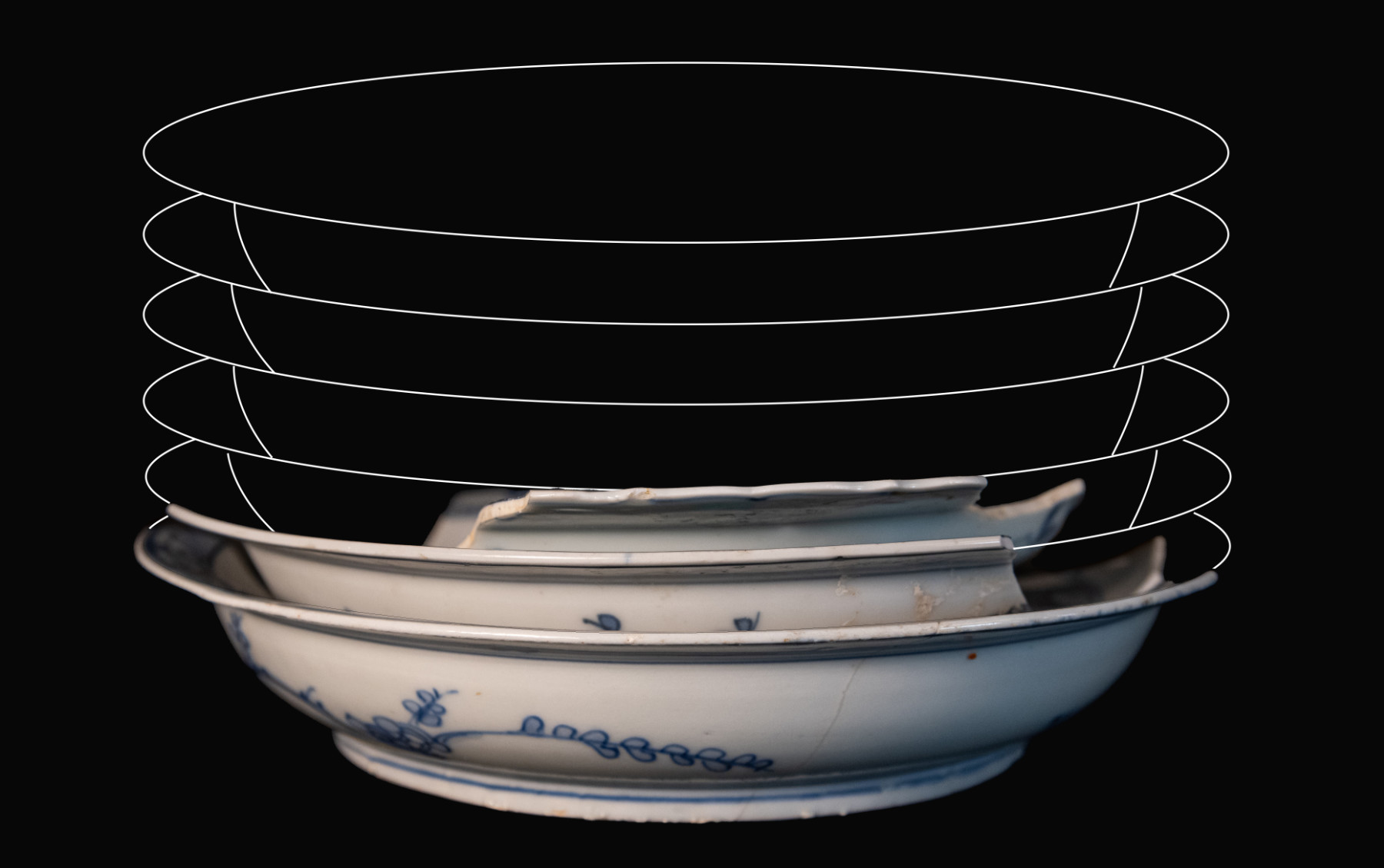 Three blue-and-white bowl shards are stacked, with a black-and-white graphic evoking a taller stack of bowls.