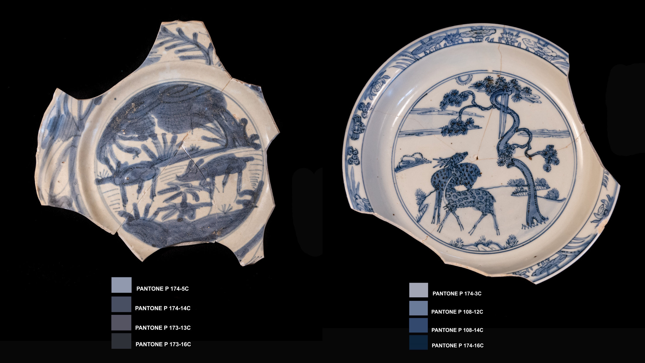 Two blue-and-white plate shards with matching pantone color swatches. The plates feature animals and trees, the left shard much sketchier and the right more details.
