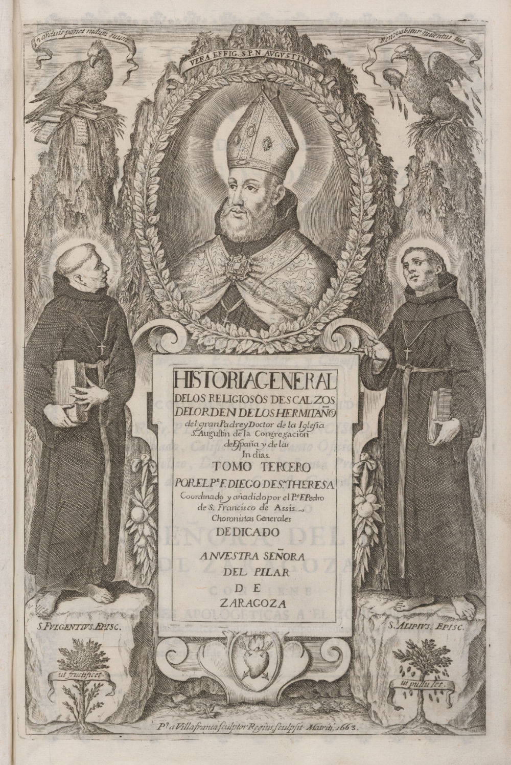 A black and white book frontispiece showing two monks and a bishop.