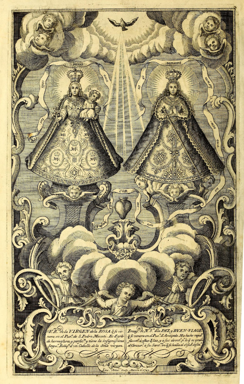 A print showing two dressed Virgin Mary sculptures.