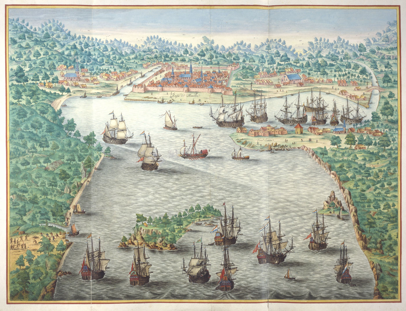 A hand-colored print showing a bay dotted with ships.