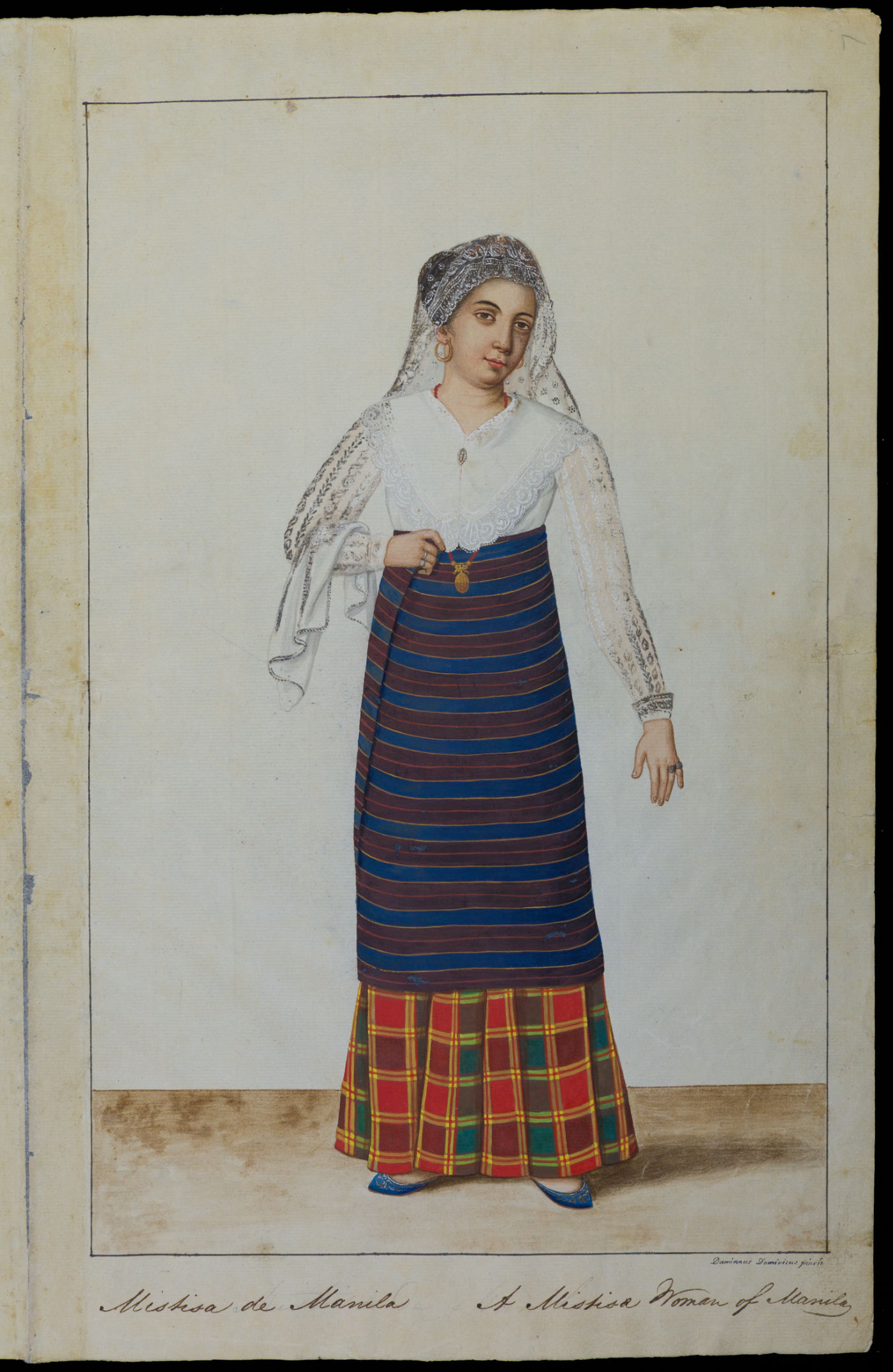 A watercolor of a woman in a long skirt, white blouse, and head covering.