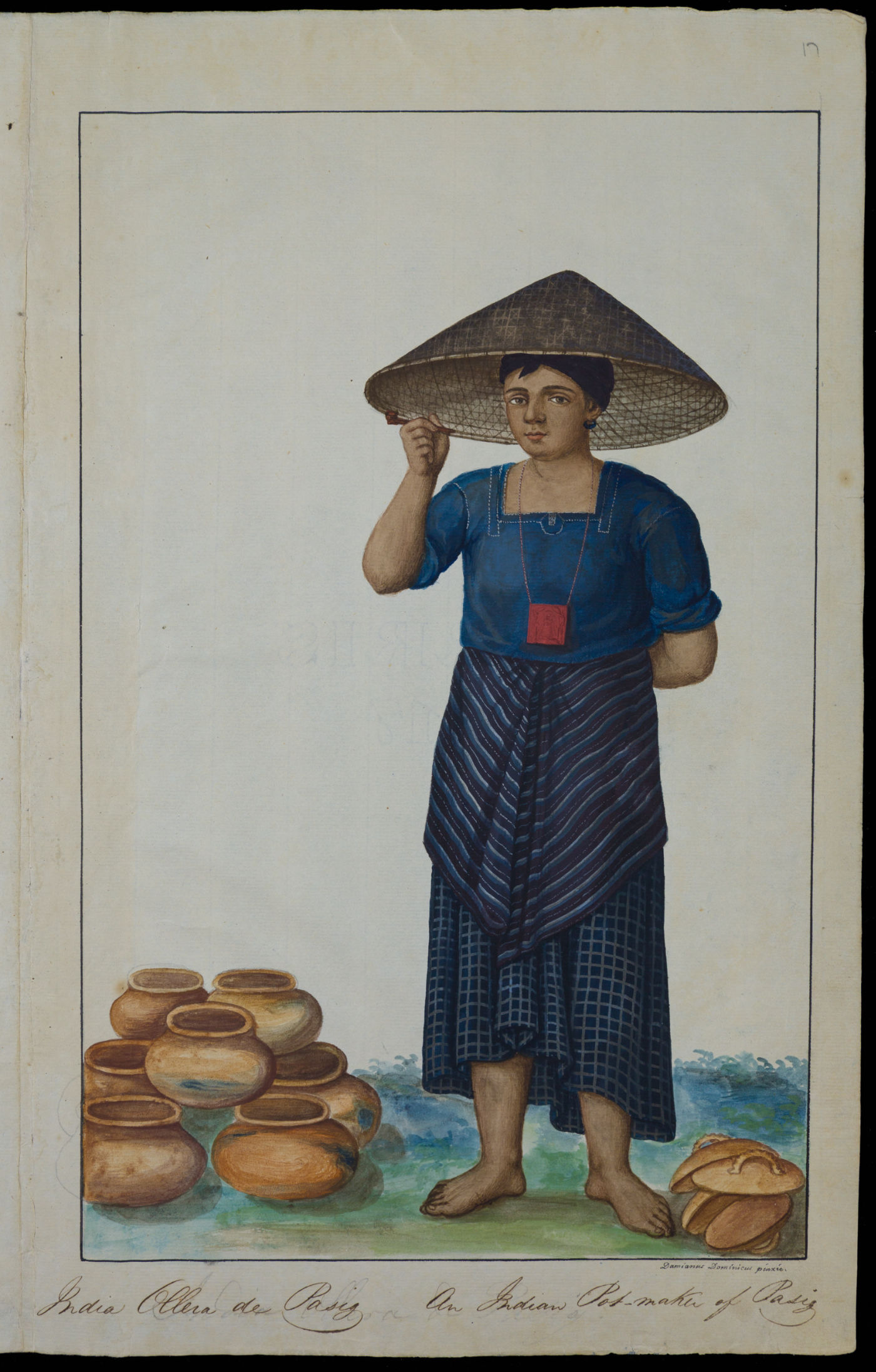 A watercolor of a woman in a blue skirt, blue top, and woven hat, surrounded by pots.