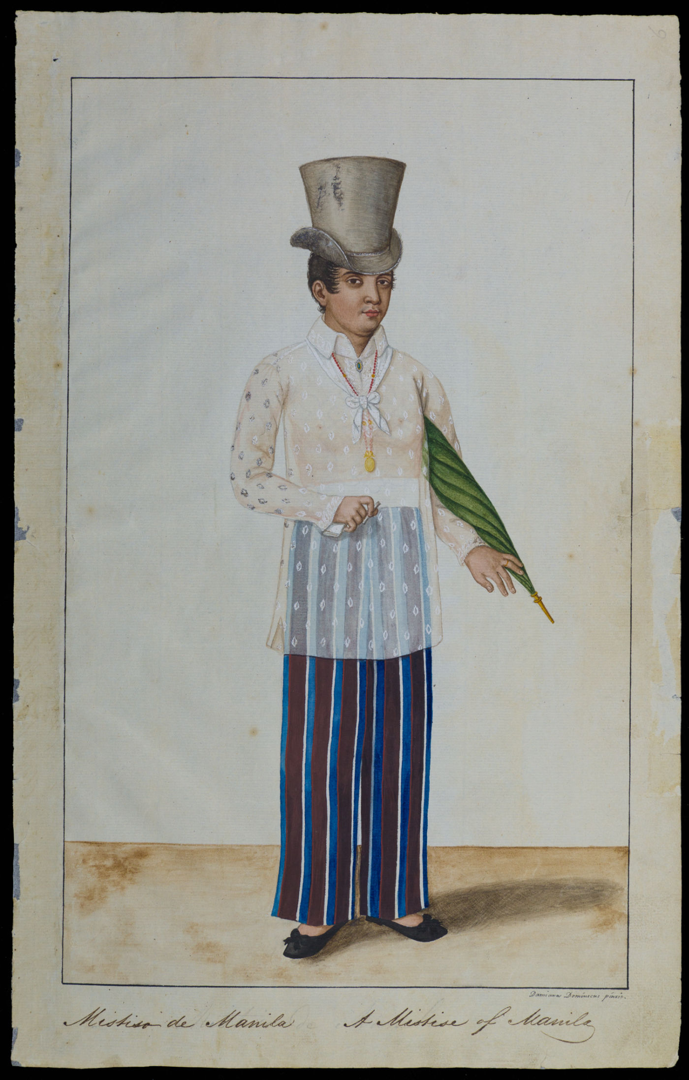 A watercolor of a man in long trousers, a long semi-sheer top, and a top hat, holding a closed umbrella.