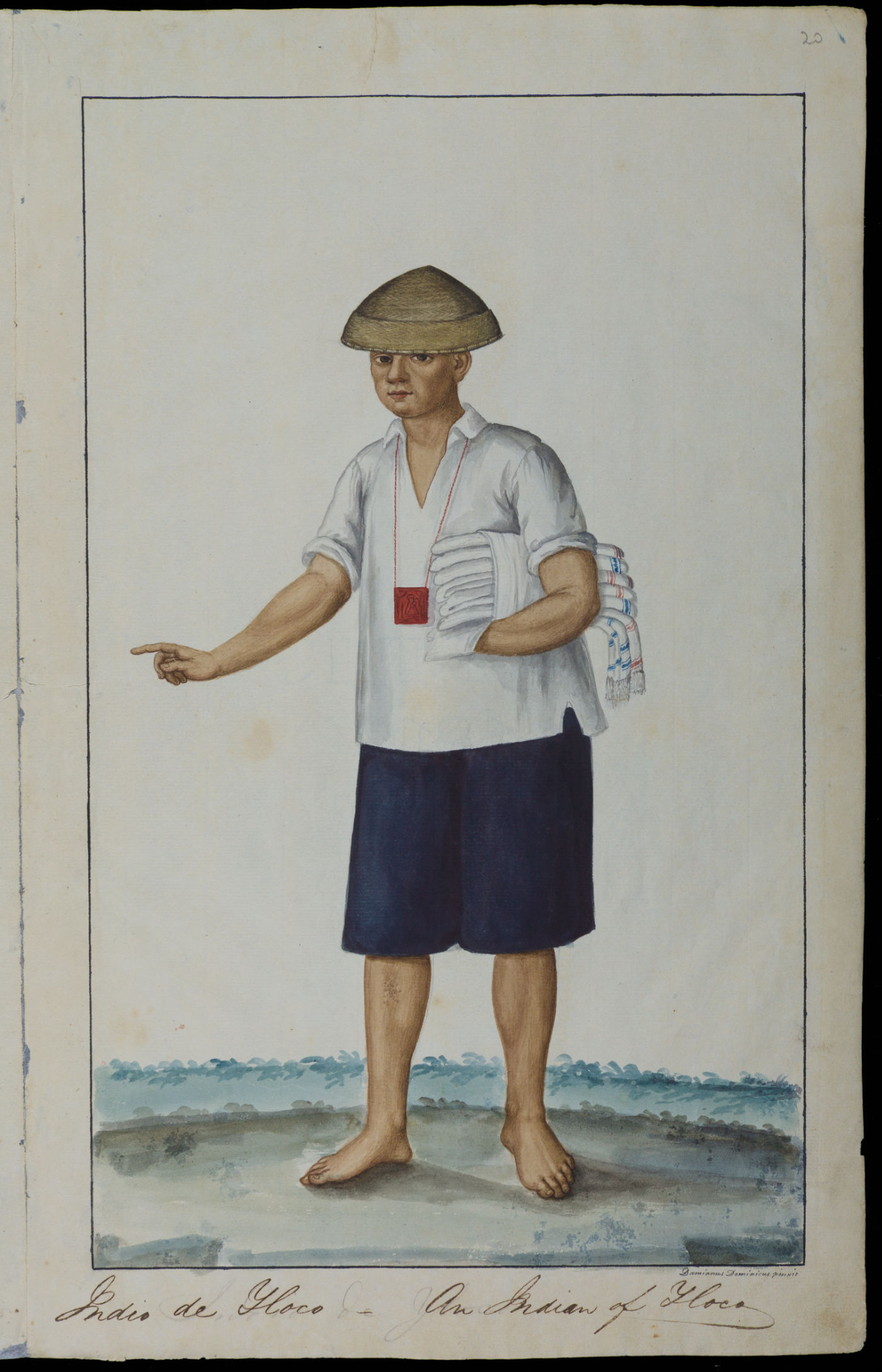 A watercolor of a man in a white shirt, blue shorts, and woven hat holding a bundle.