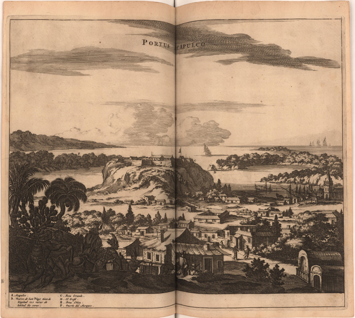 A black-and-white image of a harbor with many buildings and palm trees.