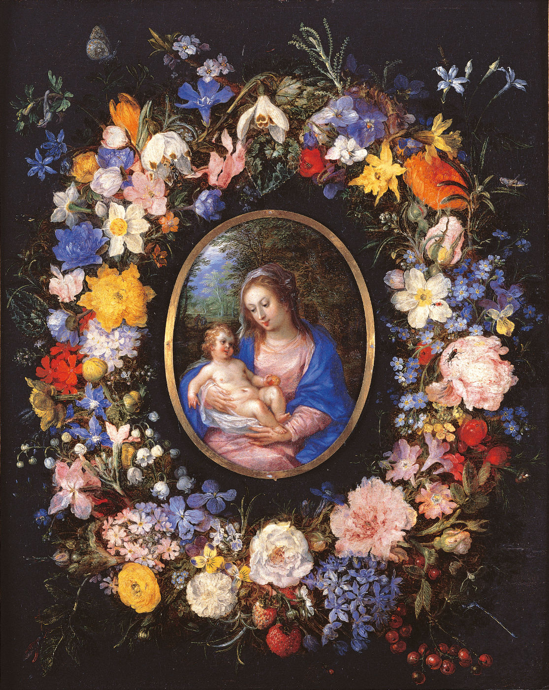 A painting of the Virgin and Child surrounded by a wreath of flowers.