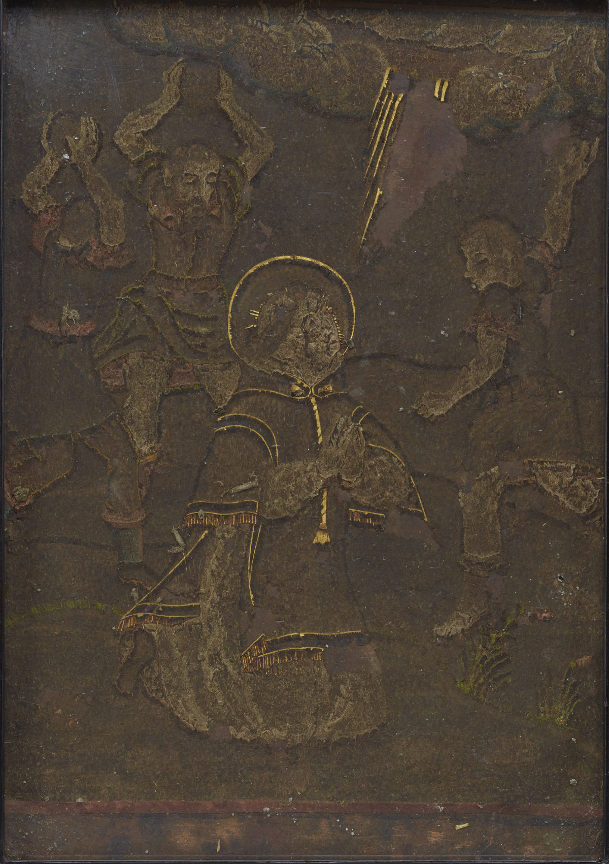 A detail of an altar panel showing a kneeling man about to be pelted with stones.