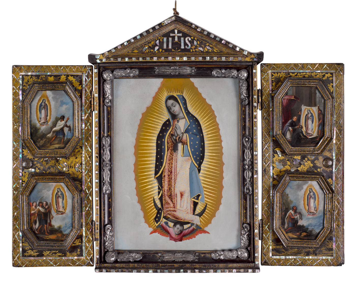 An open shrine with five paintings of the Virgin Mary.