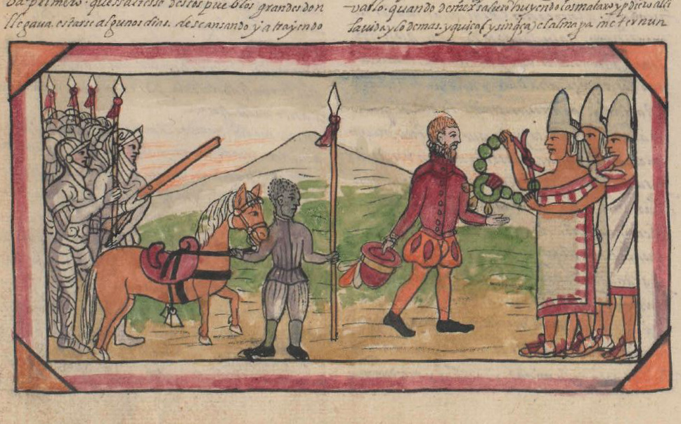 A painting of Indigenous people offering a wreath or necklace to a man in European clothes. Armored soldiers hold spears.