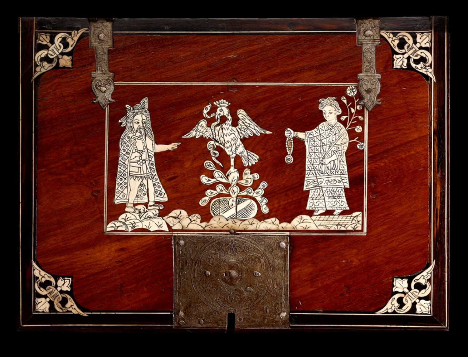Closeup view of writing cabinet with emblem of Mexico City.