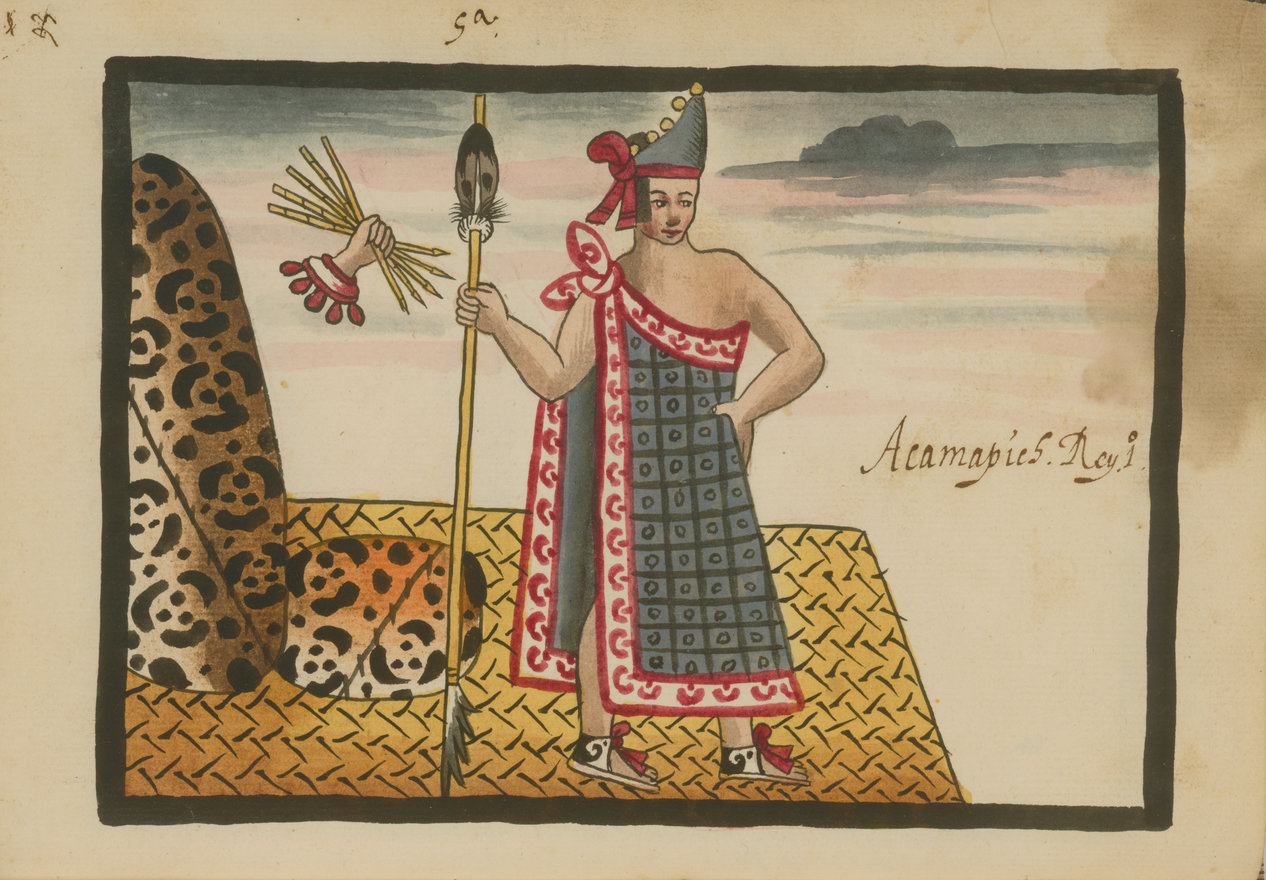 A painting of a man holding a spear with a floating, disembodied hand holding spikes nearby.