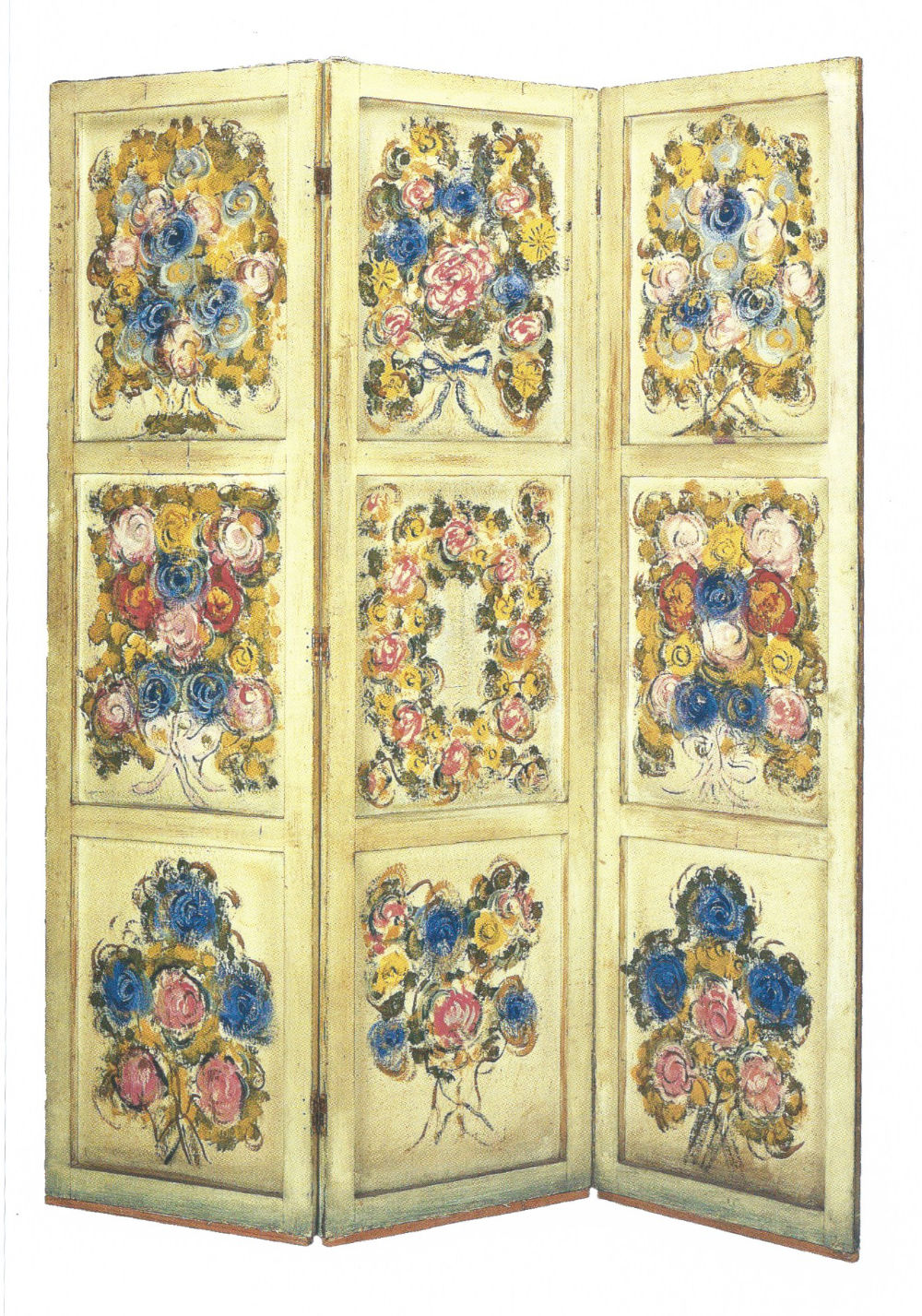 A 3 panel biombo with 9 rectangular vignettes of illustrated roses in pink, blue, red, and yellow.